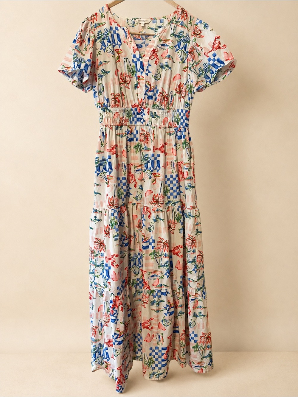 crown & ivy Cream Maxi Dress with Blue and Red Tropical Print